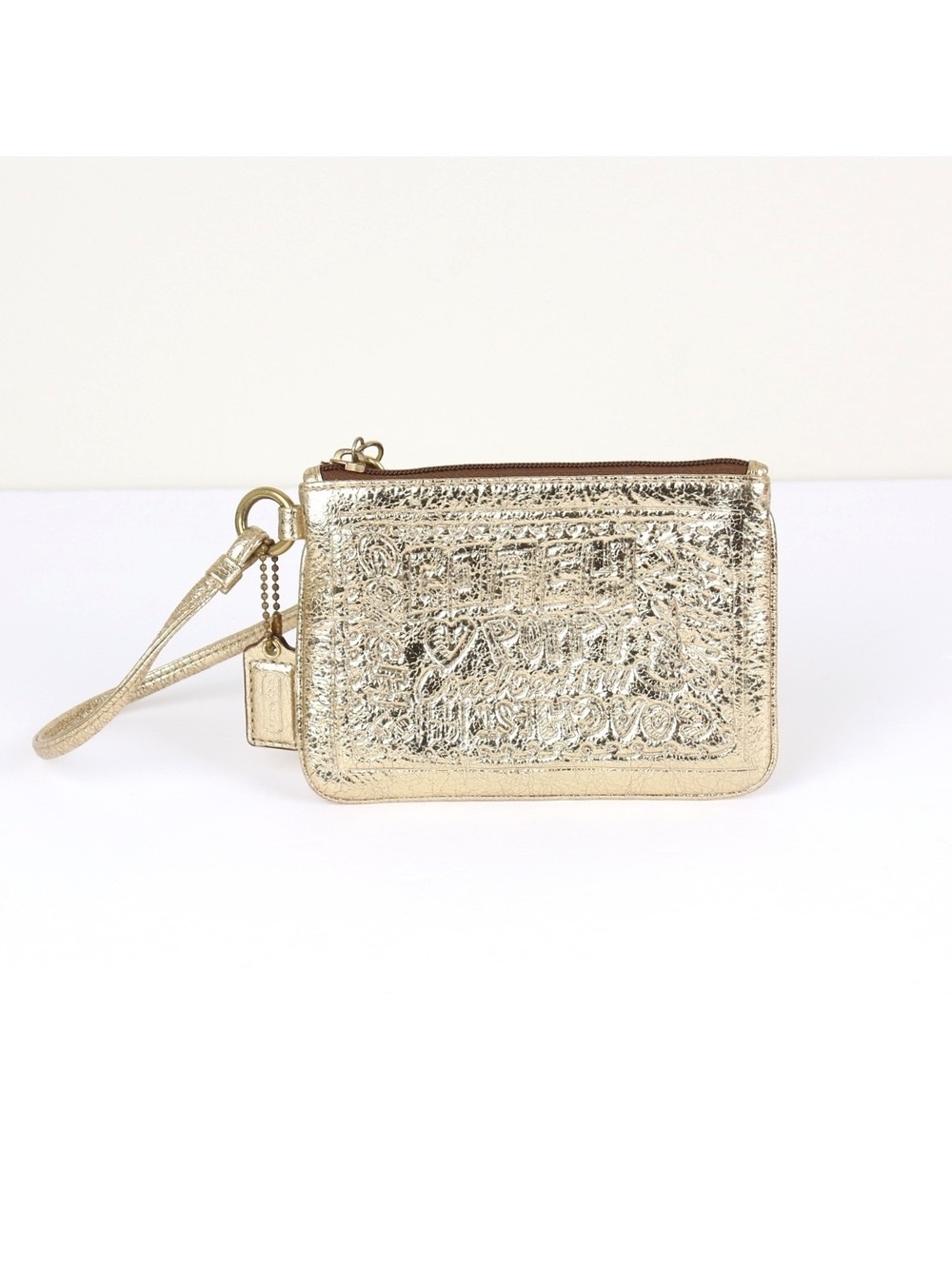 Coach Poppy Metallic Gold Graphic Leather Zip Wristlet Wallet